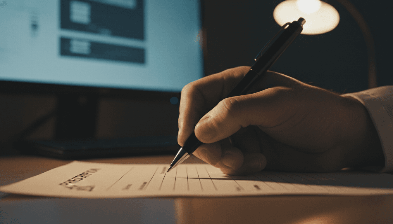Close-up of a pen on a prescription pad with a blurred monitor in the background