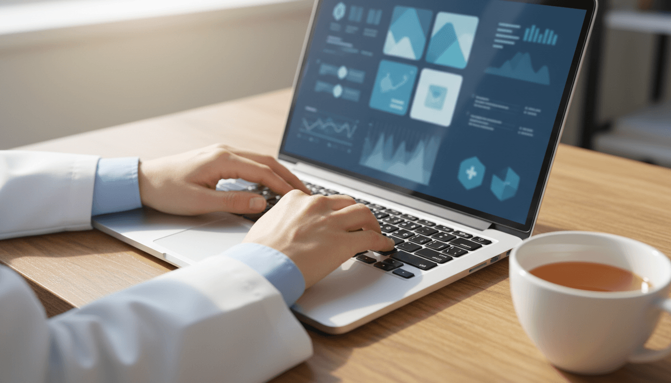 Healthcare professional typing on a laptop with a dashboard interface visible on the screen