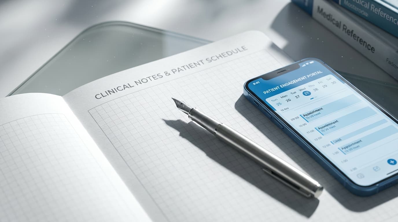 Prescription notepad with handwritten notes and a pen